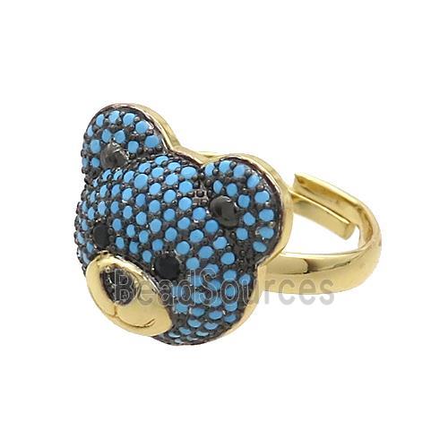 Copper Bear Rings Pave Turqblue Zircon Adjustable Gold Plated