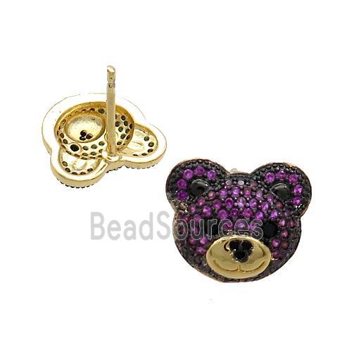 Copper Bear Stud Earrings Pave Fuchsia Zircon Gold Plated