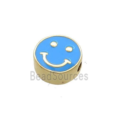 Copper Emoji Beads Blue Enamel Happy Face Gold Plated