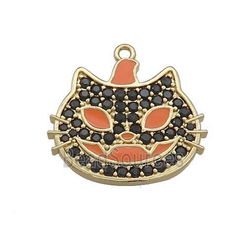 Copper Halloween Cat Charms Pendant Pave Black Zircon Orange Enamel Gold Plated