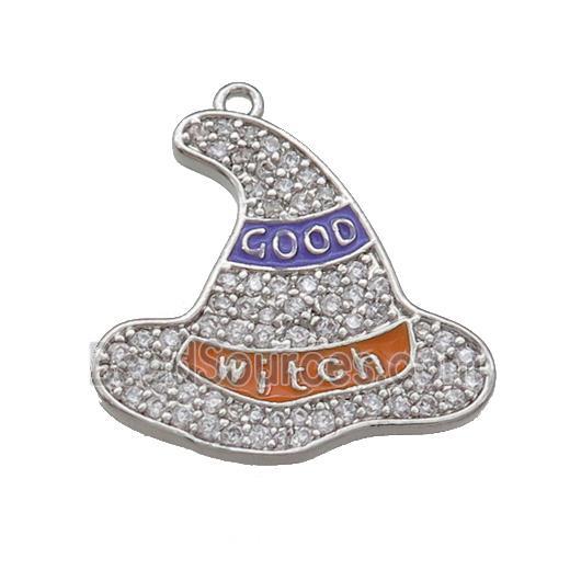 Copper Witch Hat Pendant Pave Zircon Enamel Halloween Charms Platinum Plated