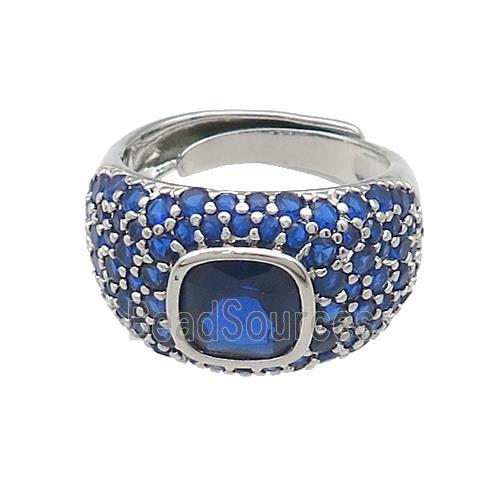 Copper Rings Pave Blue Zircon Adjustable Platinum Plated