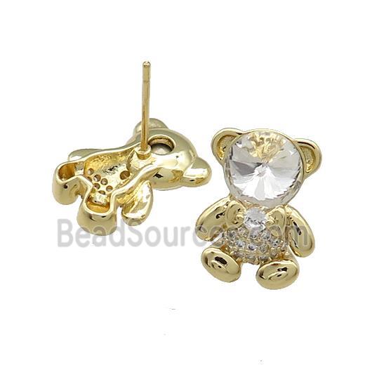 Copper Bear Stud Earrings Pave Zircon Crystal Glass Gold Plated