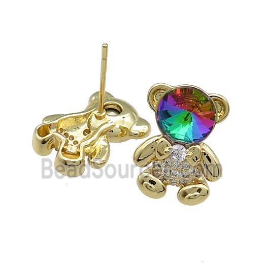 Copper Bear Stud Earrings Pave Zircon Crystal Glass Gold Plated