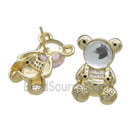 Copper Bear Stud Earrings Pave Zircon Crystal Glass Gold Plated