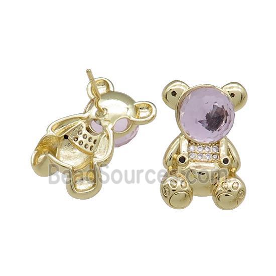 Copper Bear Stud Earrings Pave Zircon Crystal Glass Gold Plated