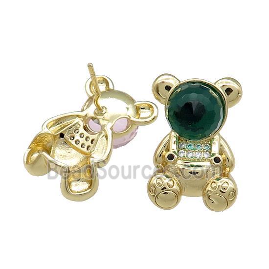 Copper Bear Stud Earrings Pave Zircon Crystal Glass Gold Plated