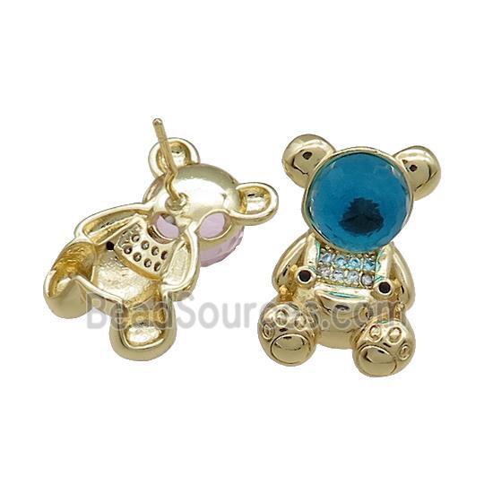 Copper Bear Stud Earrings Pave Zircon Crystal Glass Gold Plated