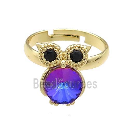 Copper Owl Rings Pave Crystal Glass Zircon Adjustable Gold Plated