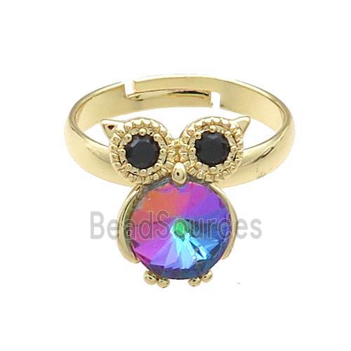 Copper Owl Rings Pave Crystal Glass Zircon Adjustable Gold Plated