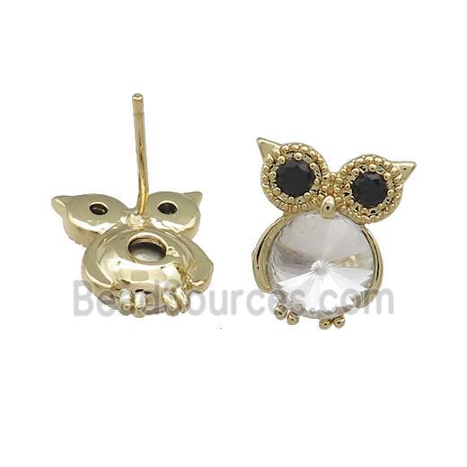 Copper Owl Stud Earrings Pave Crystal Glass Zircon Gold Plated