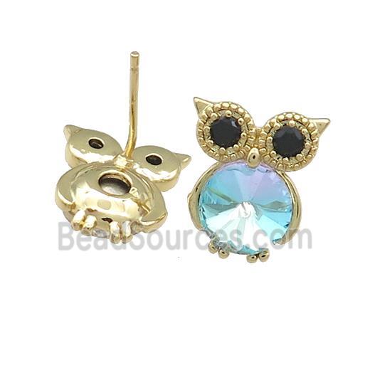 Copper Owl Stud Earrings Pave Crystal Glass Zircon Gold Plated