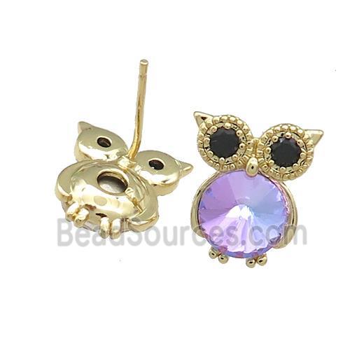 Copper Owl Stud Earrings Pave Crystal Glass Zircon Gold Plated