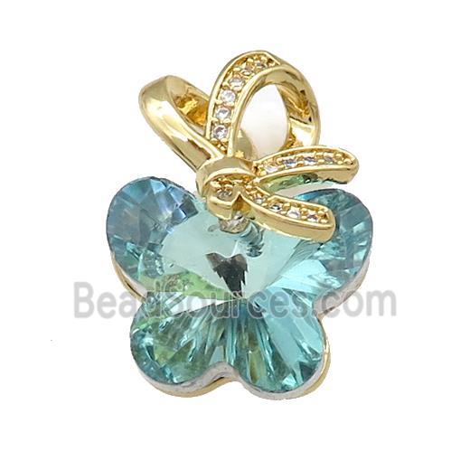 Aqua Crystal Glass Butterfly Pendant Copper Pave Zircon Gold Plated