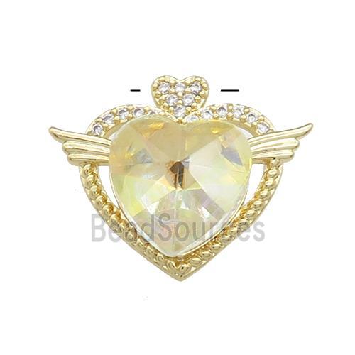 Copper Heart Pendant Pave Crystal Glass Zircon Angel Wings Gold Plated