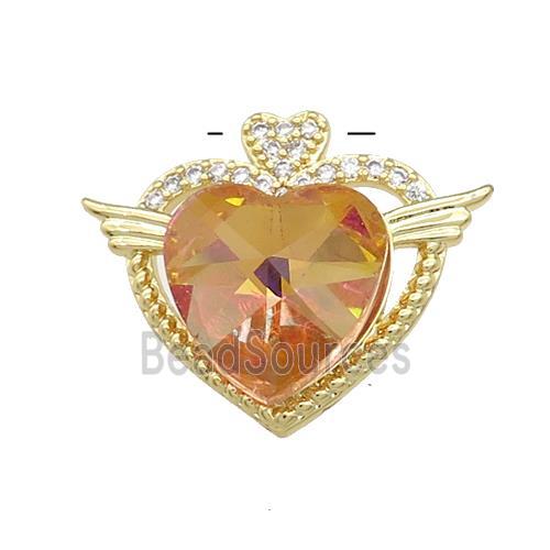 Copper Heart Pendant Pave Crystal Glass Zircon Angel Wings Gold Plated