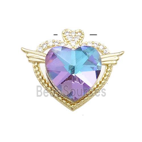 Copper Heart Pendant Pave Crystal Glass Zircon Angel Wings Gold Plated