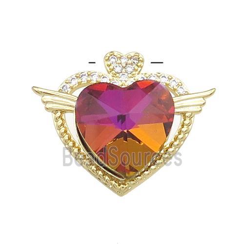 Copper Heart Pendant Pave Crystal Glass Zircon Angel Wings Gold Plated