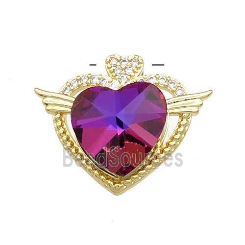 Copper Heart Pendant Pave Crystal Glass Zircon Angel Wings Gold Plated