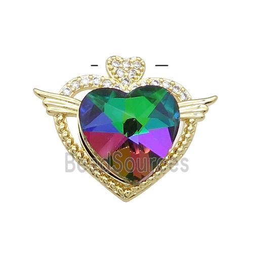 Copper Heart Pendant Pave Crystal Glass Zircon Angel Wings Gold Plated