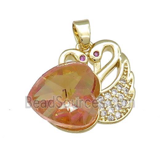 Copper Swan Pendant Pave Crystal Glass Zircon Heart Gold plated