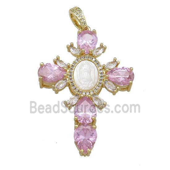 Copper Cross Pendant Pave Pink Zircon Shell Gold Plated