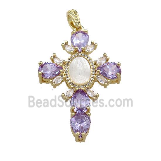 Copper Cross Pendant Pave Purple Zircon Shell Gold Plated