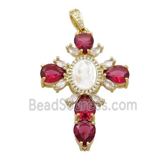 Copper Cross Pendant Pave Red Zircon Shell Gold Plated