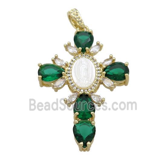 Copper Cross Pendant Pave Green Zircon Shell Gold Plated