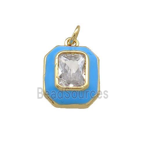 Copper Rectangle Pendant Pave Zircon Blue Enamel Gold Plated