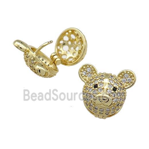 Copper Bear Stud Earrings Pave Zircon Gold Plated