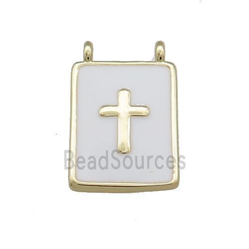 Copper Rectangle Pendant White Enamel Cross 2loops Gold Plated