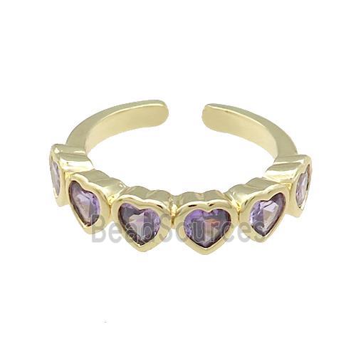 Copper Heart Rings Pave Purple Zircon Gold Plated