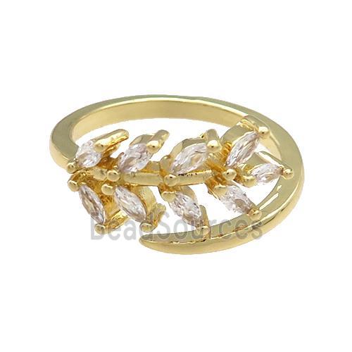 Copper Rings Pave Zircon Leaf Gold Plated