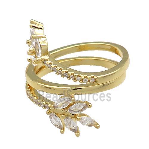 Copper Rings Pave Zircon Leaf Gold Plated