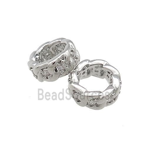 Copper Rondelle Beads Pave Zircon Large Hole Platinum Plated