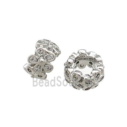 Copper Rondelle Beads Pave Zircon Flower Large Hole Platinum Plated