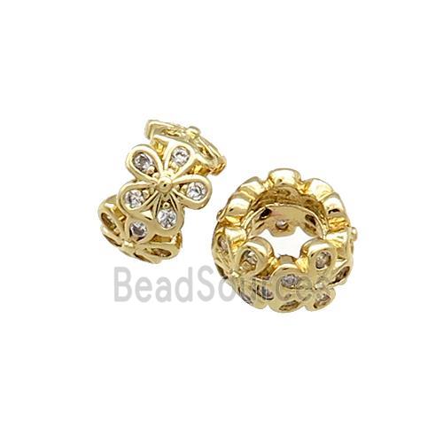 Copper Rondelle Beads Pave Zircon Flower Large Hole Gold Plated