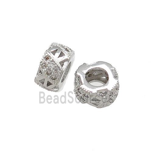 Copper Rondelle Beads Pave Zircon Large Hole Platinum Plated