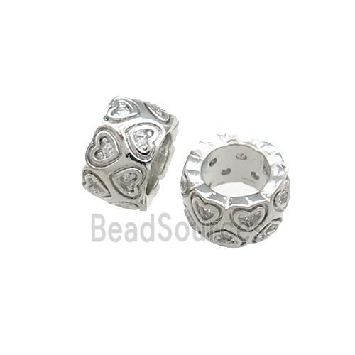 Copper Rondelle Beads Pave Zircon Heart Large Hole Platinum Plated