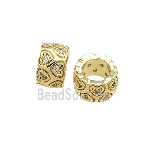 Copper Rondelle Beads Pave Zircon Heart Large Hole Gold Plated