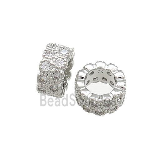 Copper Rondelle Beads Pave Zircon Large Hole Platinum Plated