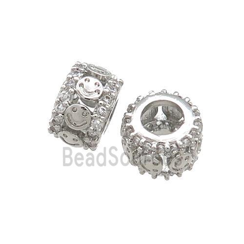 Copper Rondelle Beads Pave Zircon Emoji Large Hole Platinum Plated