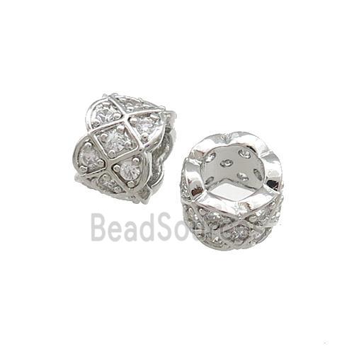 Copper Tube Beads Pave Zircon Large Hole Platinum Plated