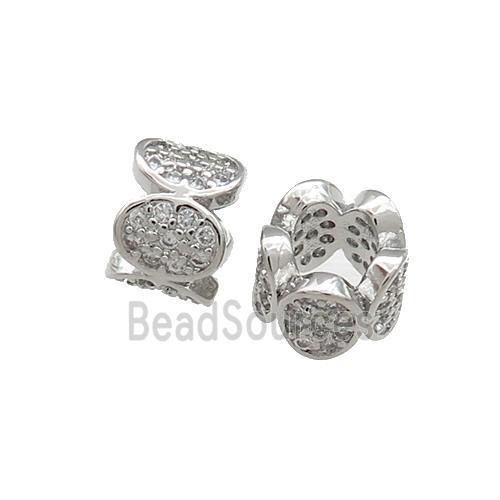 Copper Tube Beads Pave Zircon Large Hole Platnum Plated