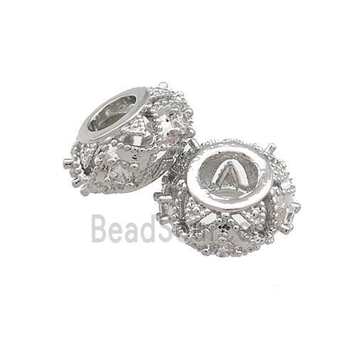 Copper Rondelle Beads Pave Zircon Large Hole Platinum Plated