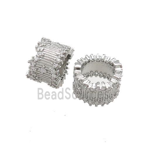 Copper Tube Beads Pave Zircon Large Hole Platinum Plated