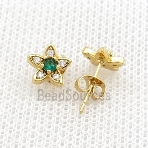 Copper Stud Earrings Pave Zircon Flower Gold Plated