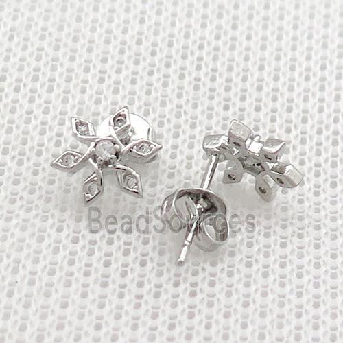 Copper Stud Earrings Pave Zircon Flower Platinum Plated