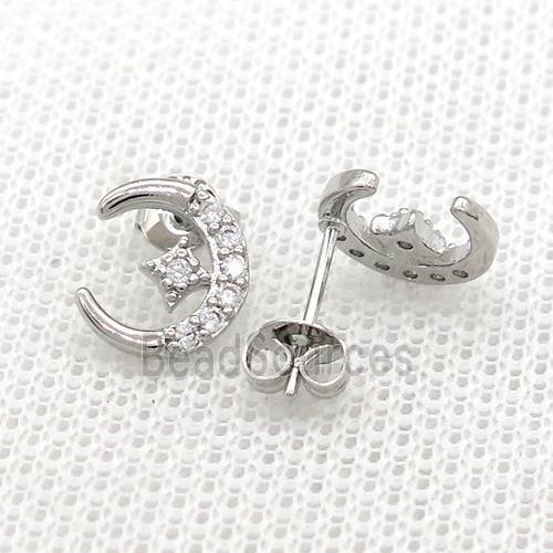 Copper Stud Earrings Pave Zircon Moon Star Platinum Plated